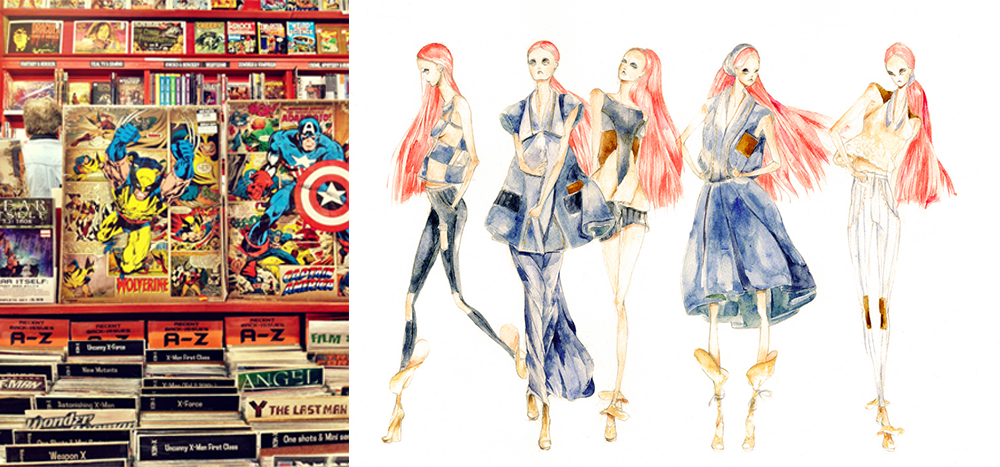 stack of comic books and fashion illustrations