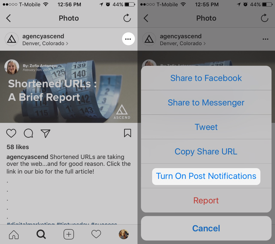 screenshot of how to turn on post notifications on Instagram